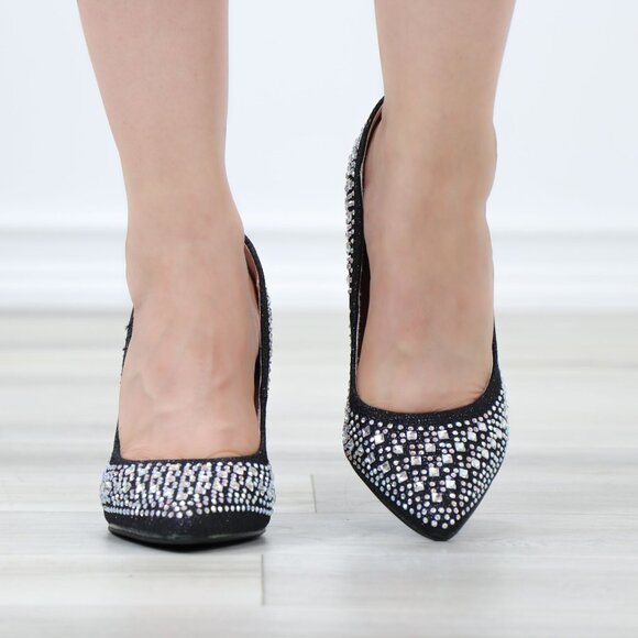 Sparkly Diamond Rhinestone Glitter  Black Pointy Toe Needle High Heel Stiletto - Picture 8 of 15